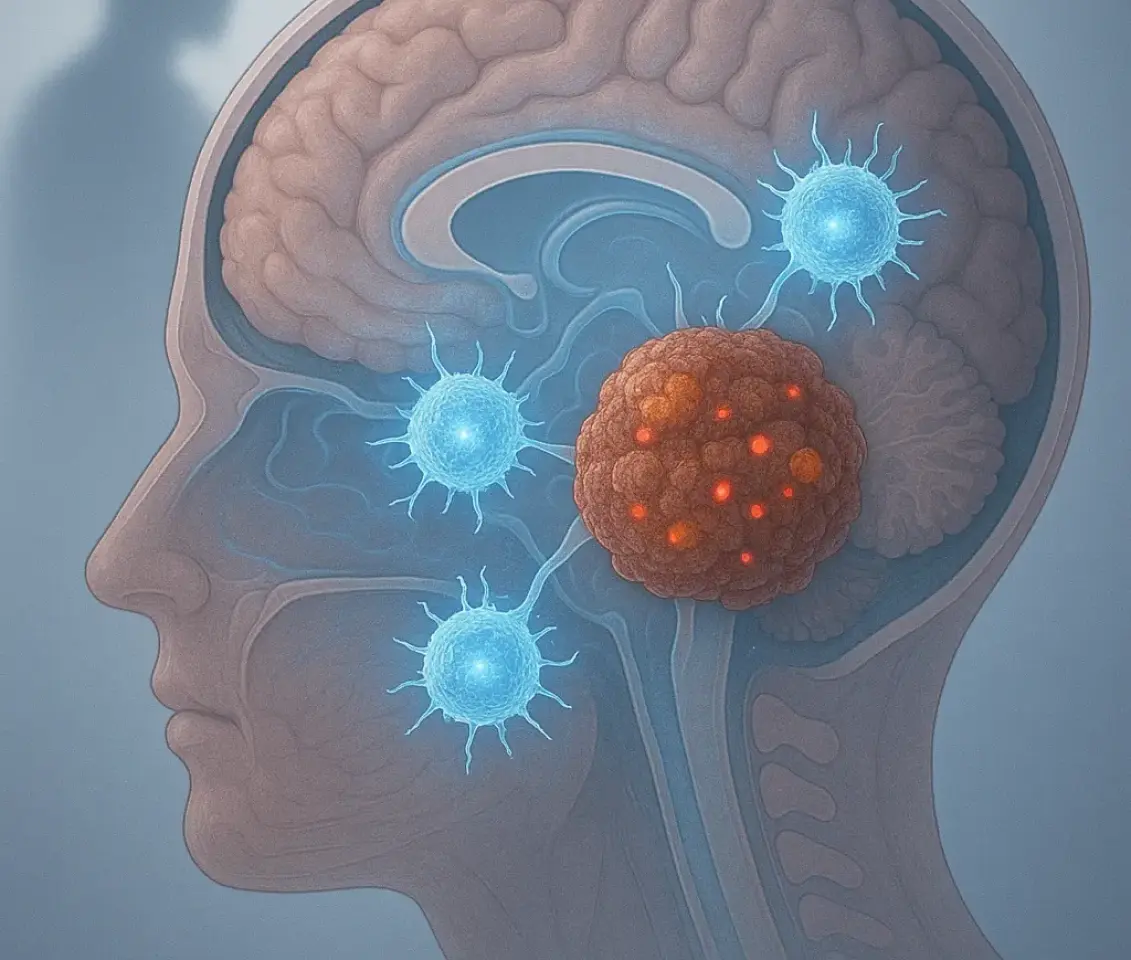 Glioblastoma brain tumor illustration showing targeted CAR T-cell treatment breakthroughs for brain cancer